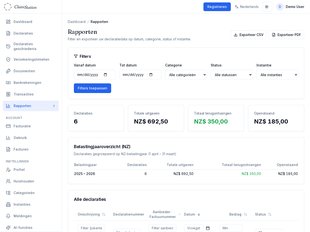 ClaimStation rapportenweergave